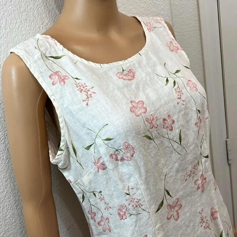 Vintage Victoria Holley Floral Midi Dress 💯% Linen Scoop Neck Cottagecore Sz10P